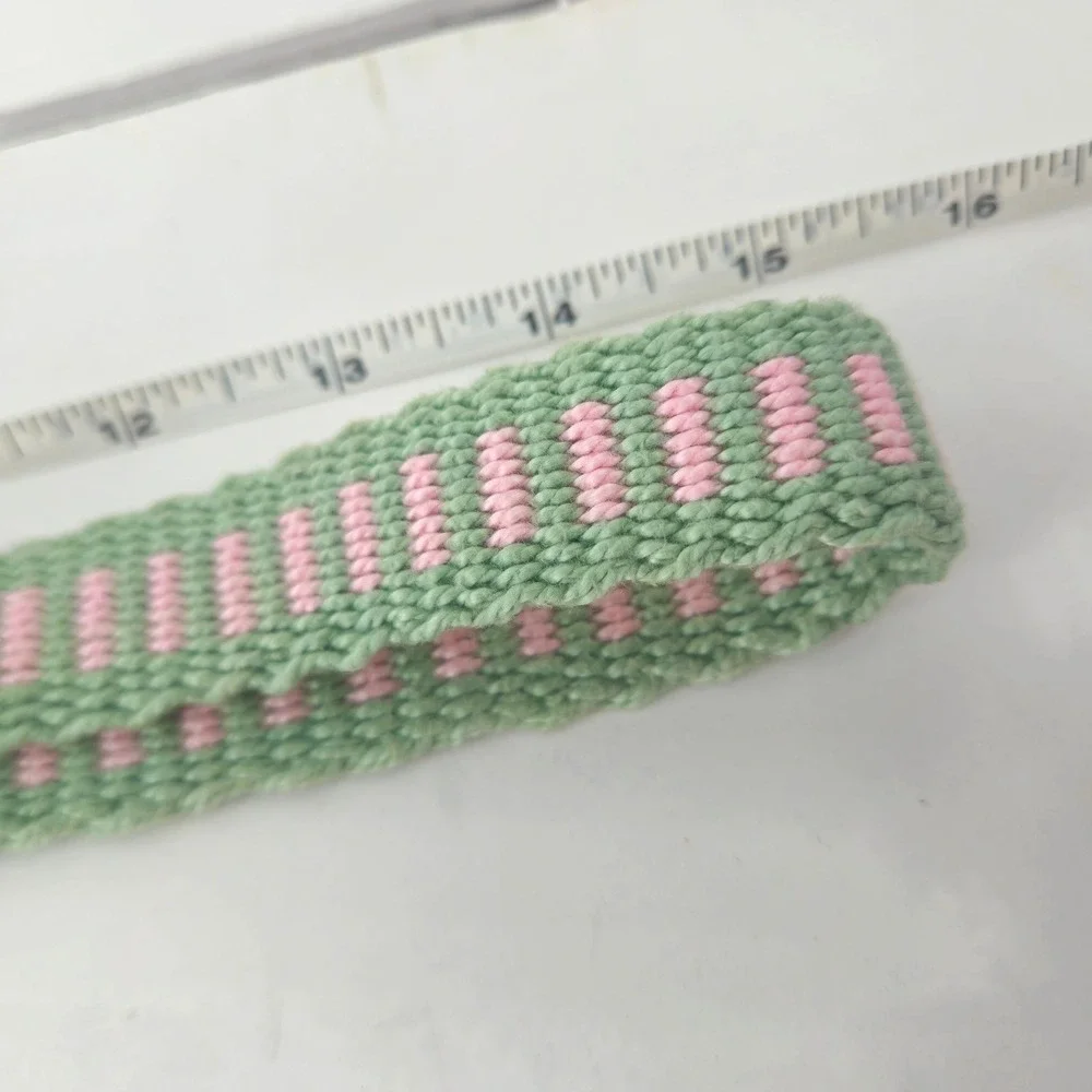 Vintage Kids Woven Belt Green Pink Striped Teal‎ D-Ring Buckle Adjustable Strap